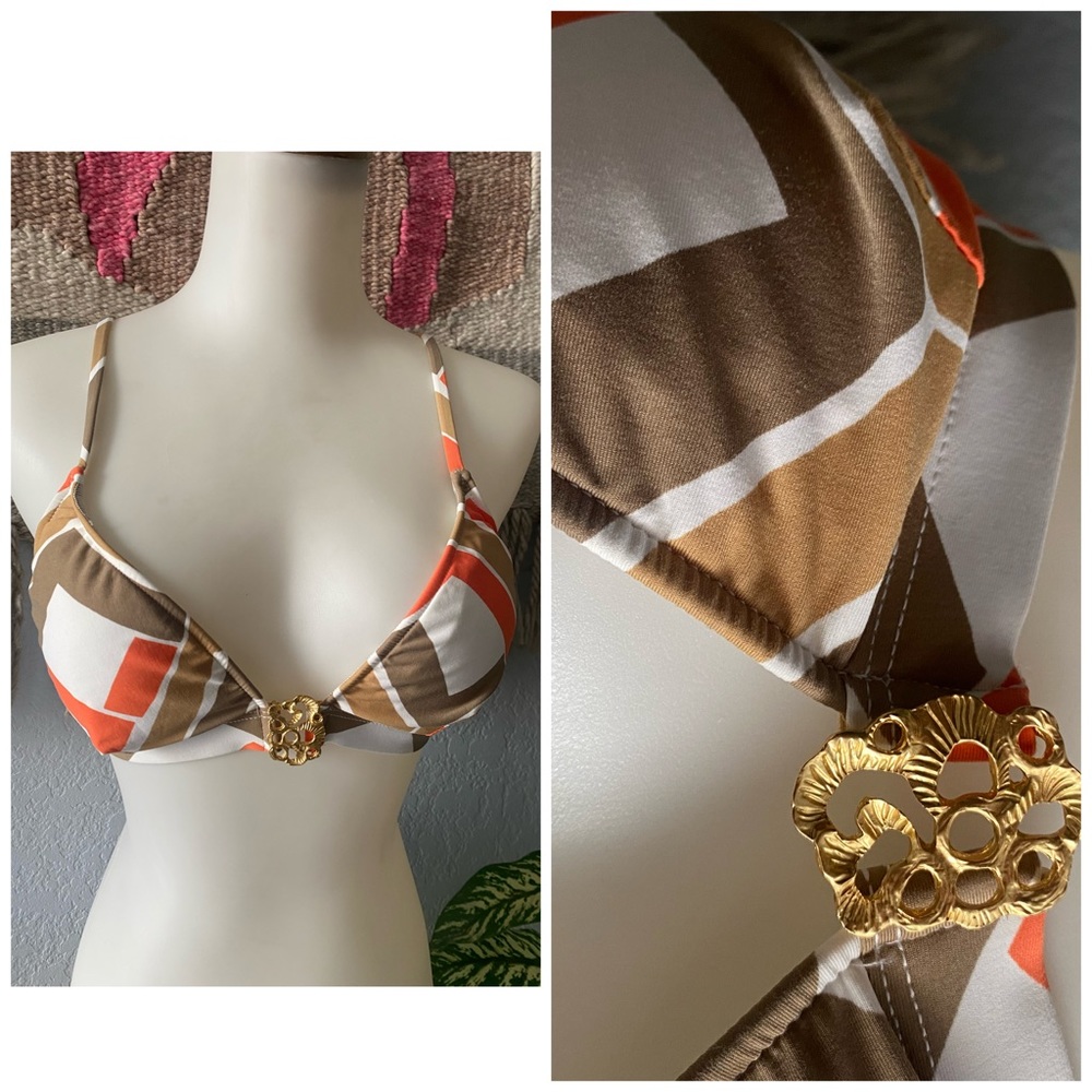 Trina Turk Beige and orange retro pucci vibe triangle bikini bathing suit